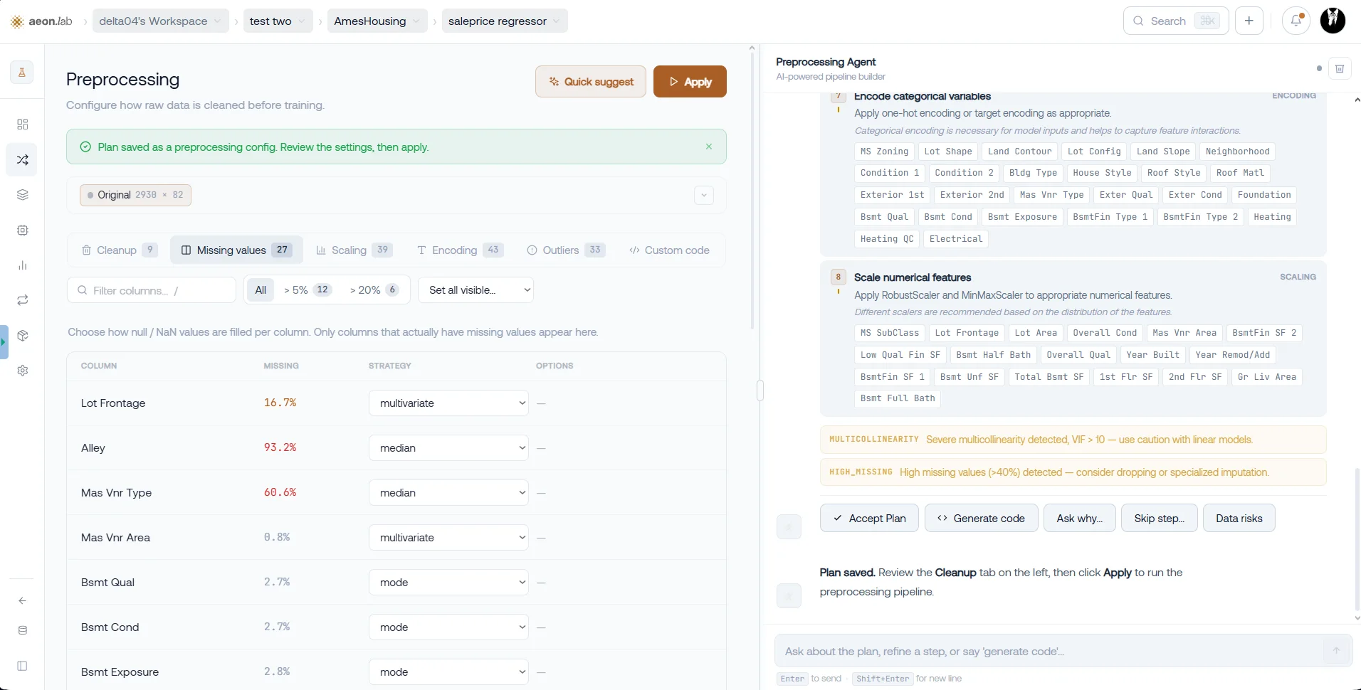 Plan saved as a preprocessing config