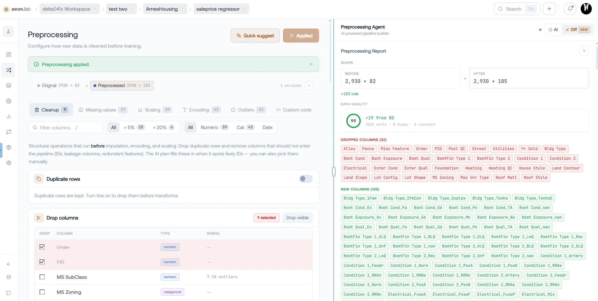 The preprocessing report: before and after