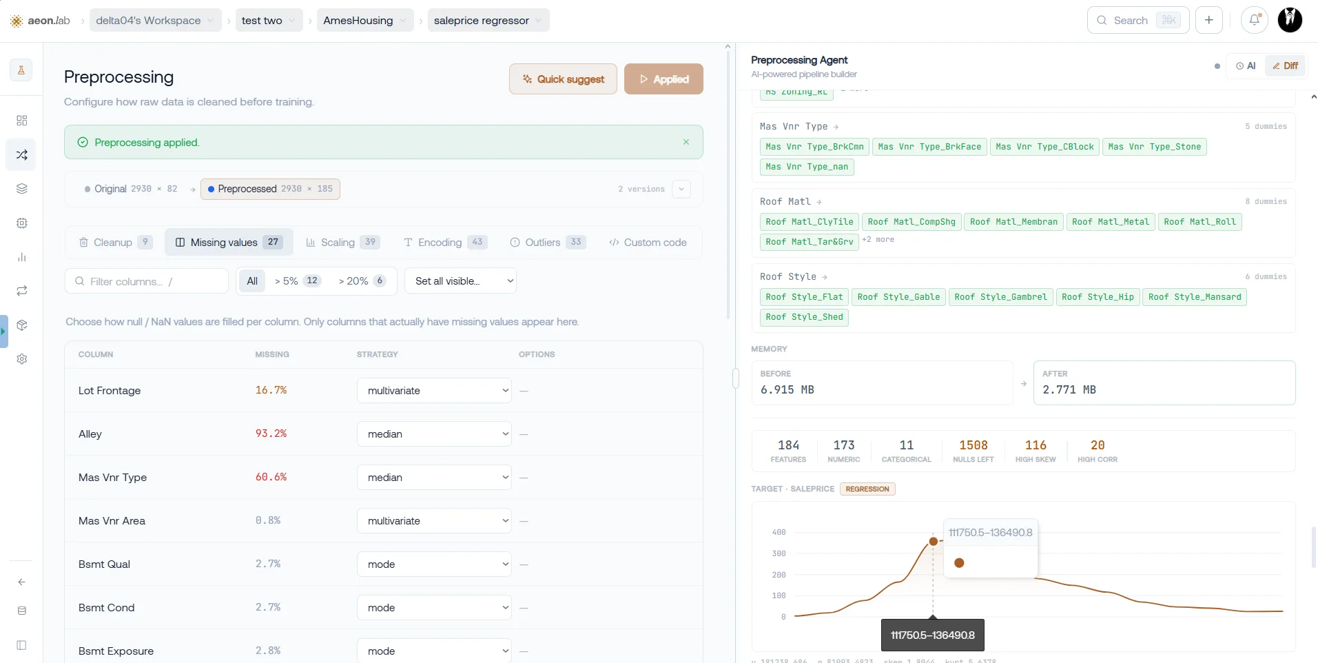The diff: new columns and the target distribution