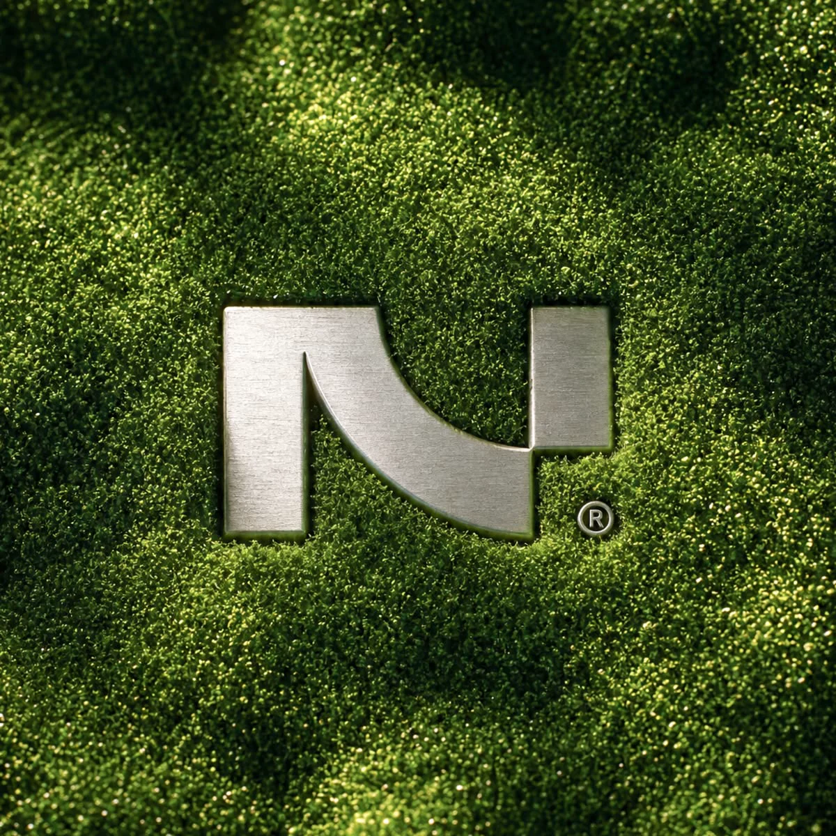 The mark, in brushed steel on moss